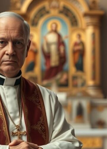 Katolicka krytyka ekumenizmu i relatywizmu wiary na zdjęciu Seryjny katolicki ksiądz w tradycyjnych szatach w kościele, ukazujący krytykę ekumenizmu i odrzucenie relatywizmu wiary