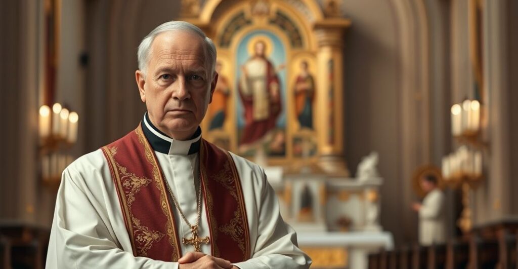 Seryjny katolicki ksiądz w tradycyjnych szatach w kościele, ukazujący krytykę ekumenizmu i odrzucenie relatywizmu wiary