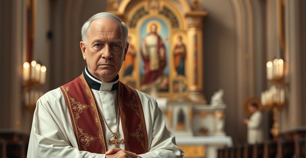 Katolicka krytyka ekumenizmu i relatywizmu wiary na zdjęciu Seryjny katolicki ksiądz w tradycyjnych szatach w kościele, ukazujący krytykę ekumenizmu i odrzucenie relatywizmu wiary