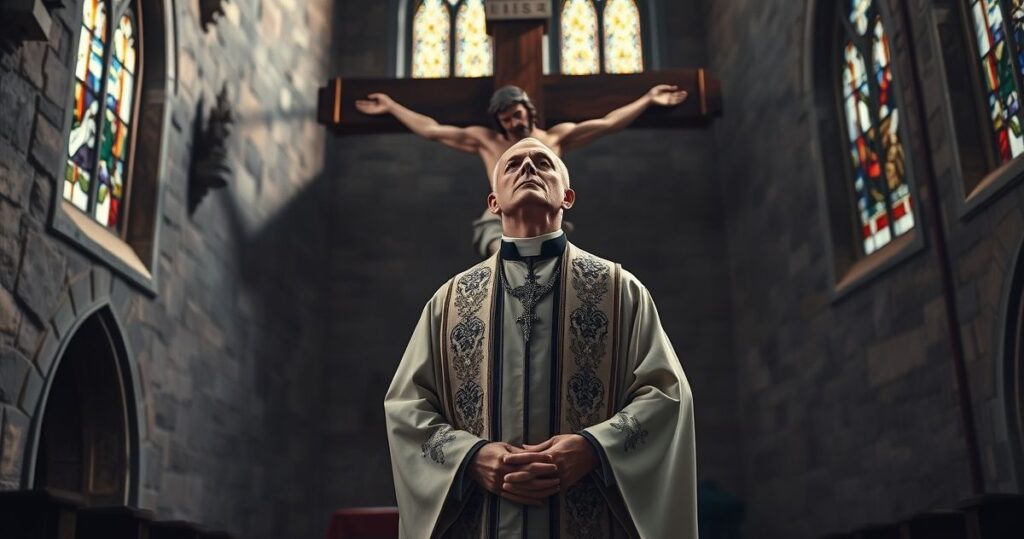 Ksiądz katolicki w liturgicznym stroju przed krzyżem, symbolizujący powagę moralną i duchową w kontekście krytyki modernistycznych praktyk