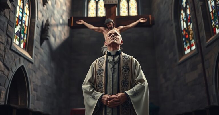 Ksiądz katolicki w liturgicznym stroju przed krzyżem, symbolizujący powagę moralną i duchową w kontekście krytyki modernistycznych praktyk