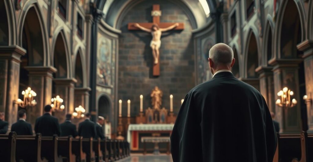Katolicki duchowny w starej świątyni, krytycznie ukazujący fałszywe ekumeniczne dążenia, refleksja nad odrzuceniem herezji i apostazji soborowej