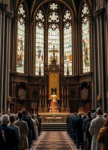 Tradycyjny Kościół Katolicki kontra Modernistyczne Festiwale Muzyczne Obraz kościoła katolickiego z duchownymi i ołtarzem, symbolizujący tradycyjną religijność i krytykę nowoczesnych festiwali muzycznych.