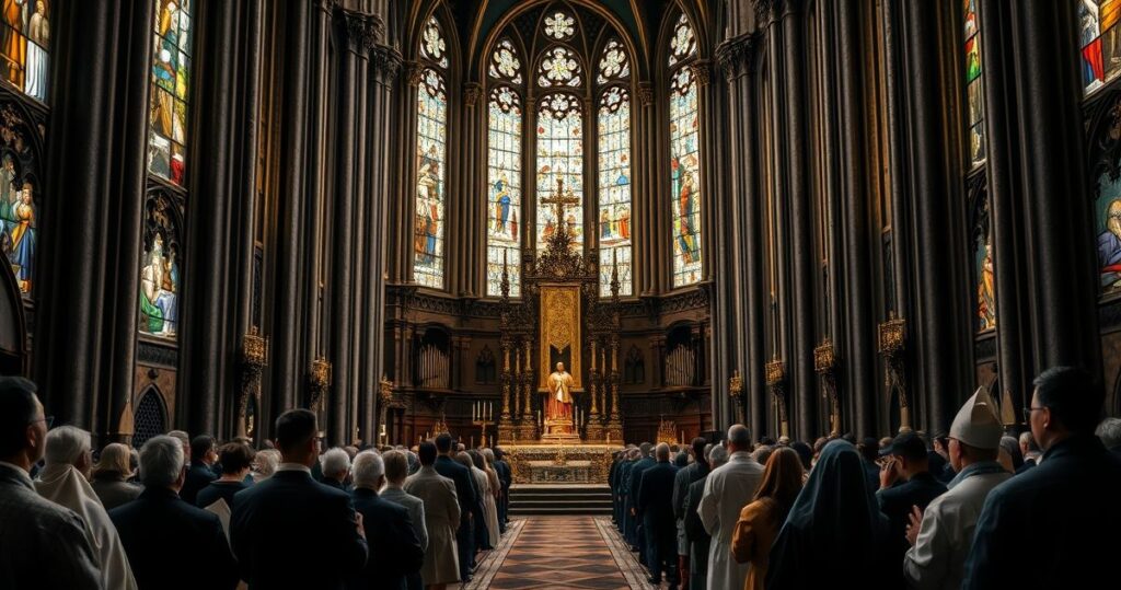 Obraz kościoła katolickiego z duchownymi i ołtarzem, symbolizujący tradycyjną religijność i krytykę nowoczesnych festiwali muzycznych.