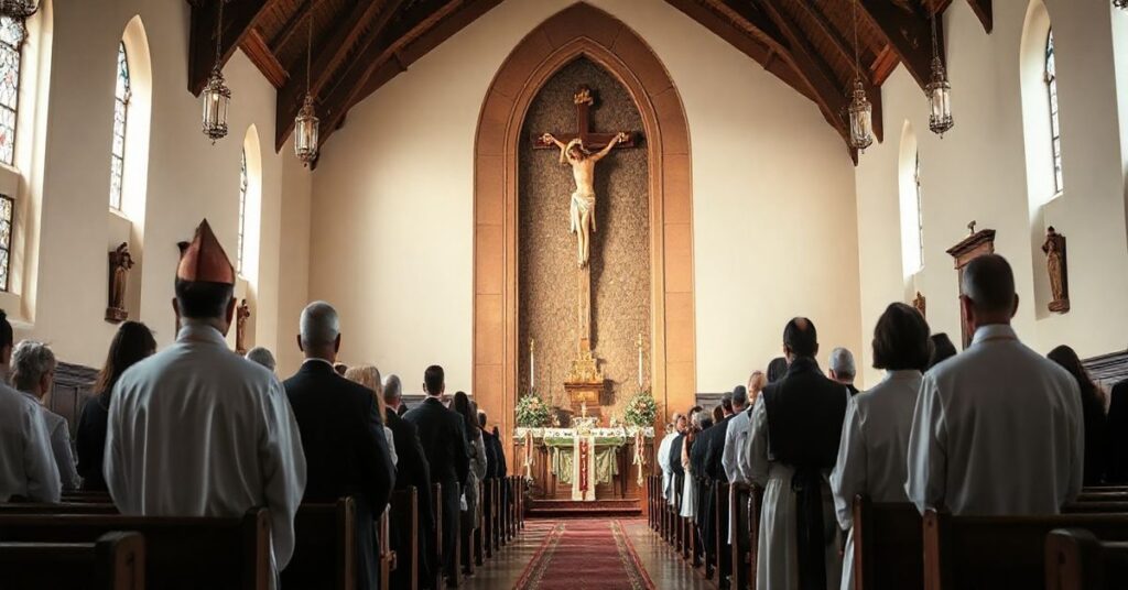 Religijni duchowni w tradycyjnym kościele z krucyfiksem, modlący się wierni, ukazujący ważność katolickiej nauki wobec współczesnych zagrożeń edukacyjnych