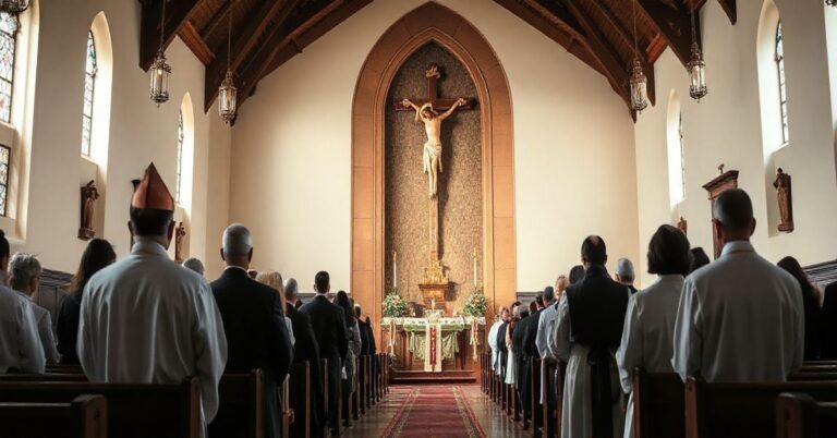 Religijni duchowni w tradycyjnym kościele z krucyfiksem, modlący się wierni, ukazujący ważność katolickiej nauki wobec współczesnych zagrożeń edukacyjnych