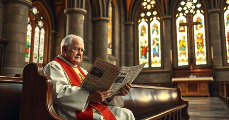 Obraz wnętrza starego kościoła katolickiego z kapłanem czytającym zniszczony katolicki periodyk, symbolizujący upadek katolickiej prasy i duchową dekadencję.