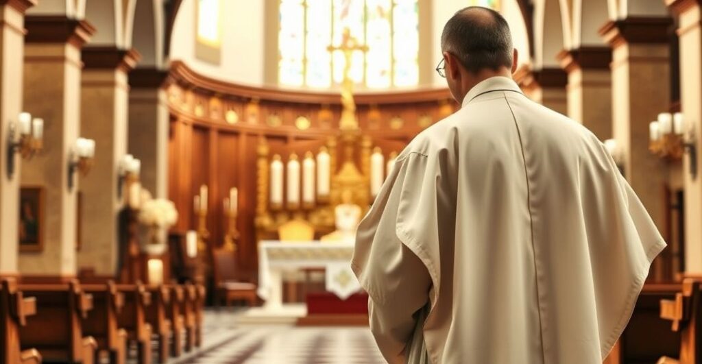Zdjęcie realistyczne wnętrza tradycyjnego katolickiego kościoła z ołtarzem, kapłanem w vestamentach, refleksja nad moralnością i autorytetem duchowym, odpowiednie dla katolickiego bloga krytykującego modernizm i ideologię gender