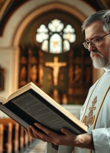 Kościół katolicki w obliczu kryzysu społecznego we Francji Obraz realistycznego, pełnego szacunku wnętrza kościoła katolickiego z kapłanem czytającym Biblię, symbolizującego autorytet i moralność w obliczu kryzysu społeczeństwa francuskiego