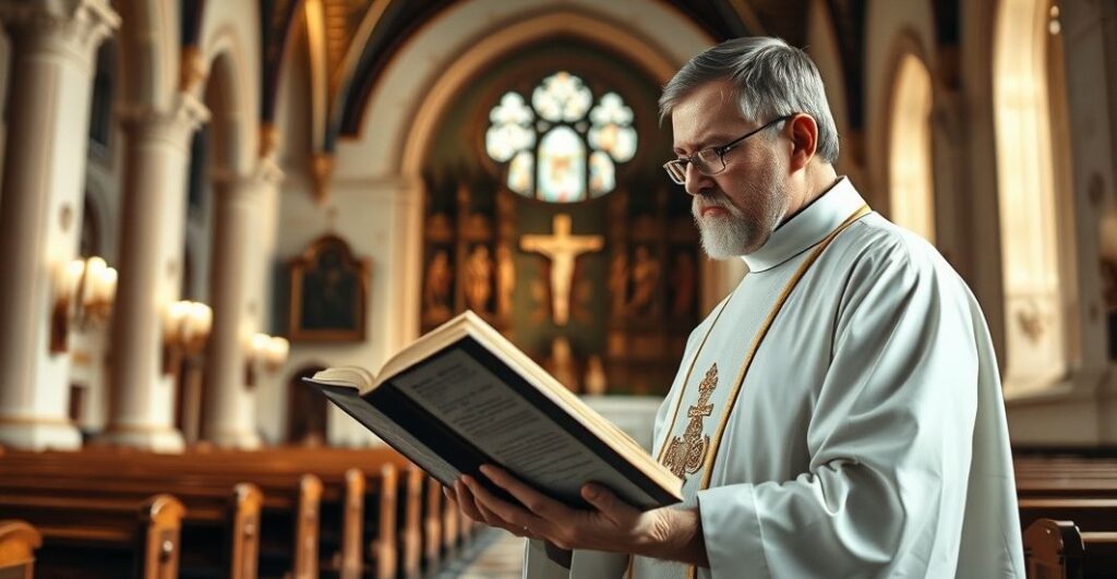 Obraz realistycznego, pełnego szacunku wnętrza kościoła katolickiego z kapłanem czytającym Biblię, symbolizującego autorytet i moralność w obliczu kryzysu społeczeństwa francuskiego