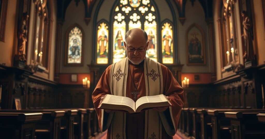 Szczegółowe zdjęcie katolickiego kościoła z kapłanem podczas liturgii, podkreślające powagę i wiarę w obliczu współczesnych zagrożeń ideologicznych