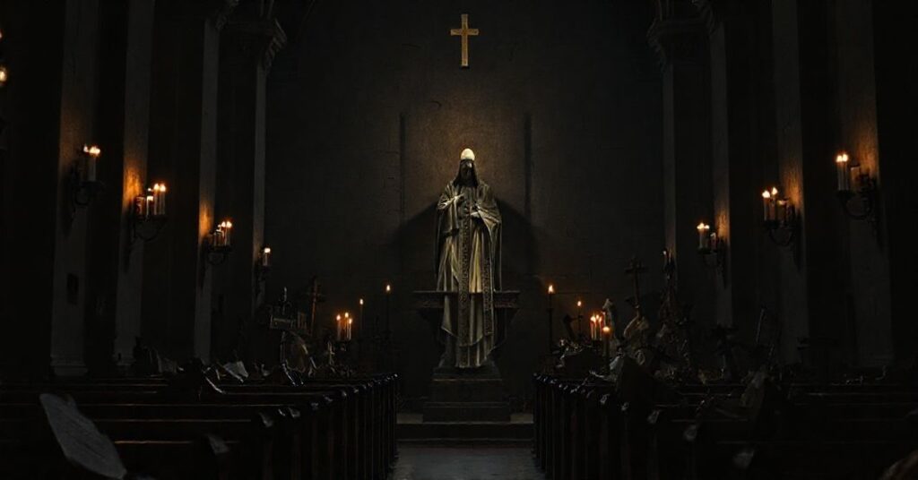 Wewnątrz tradycyjnego kościoła katolickiego, słabo oświetlonego przez płonące świece, z posągiem papieża otoczonym zrzuconymi nowoczesnymi artefaktami religijnymi. Scena symbolizuje upadek czystości doktrynalnej.