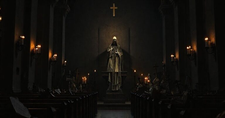 Wewnątrz tradycyjnego kościoła katolickiego, słabo oświetlonego przez płonące świece, z posągiem papieża otoczonym zrzuconymi nowoczesnymi artefaktami religijnymi. Scena symbolizuje upadek czystości doktrynalnej.