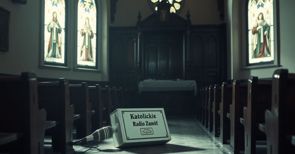 Wnętrze tradycyjnego kościoła katolickiego w czasie Wielkiego Postu z akcentem na pustą konfesjonał i cieniutki mikrofon radiowy blisko ołtarza.