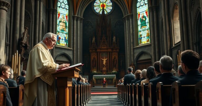 Ksiądz głosi kazanie w kościele, podkreślając powagę grzechu i potrzebę pokuty, w realistycznym, duchowym tonie
