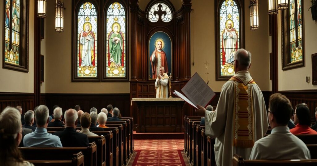 Kościół katolicki z przeornikiem i kazańcem, gdzie ksiądz wygłasza kazanie o niebezpieczeństwach naturalizmu Trumpa.