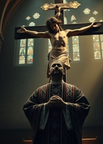 Katolicki kapłan modli się w obronie życia przeciw eutanazji Katolicki kapłan modli się przed krzyżem w kościele, symbolizując sprzeciw wobec eutanazji i obronę życia w duchu katolickim