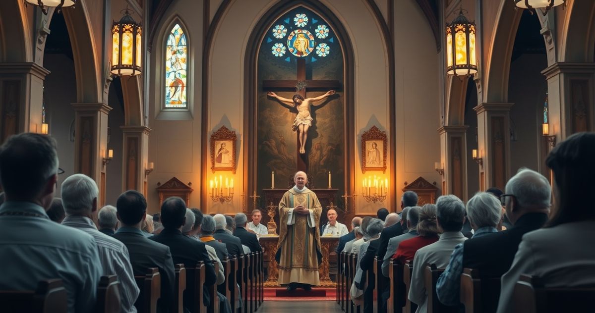 Obraz realistycznego, pełnego szacunku wnętrza kościoła katolickiego z kapłanem, krucyfiksem i wiernymi, symbolizujący odrzucenie krytyki modernistycznych tendencji i brak uznania Chrystusa jako Króla.