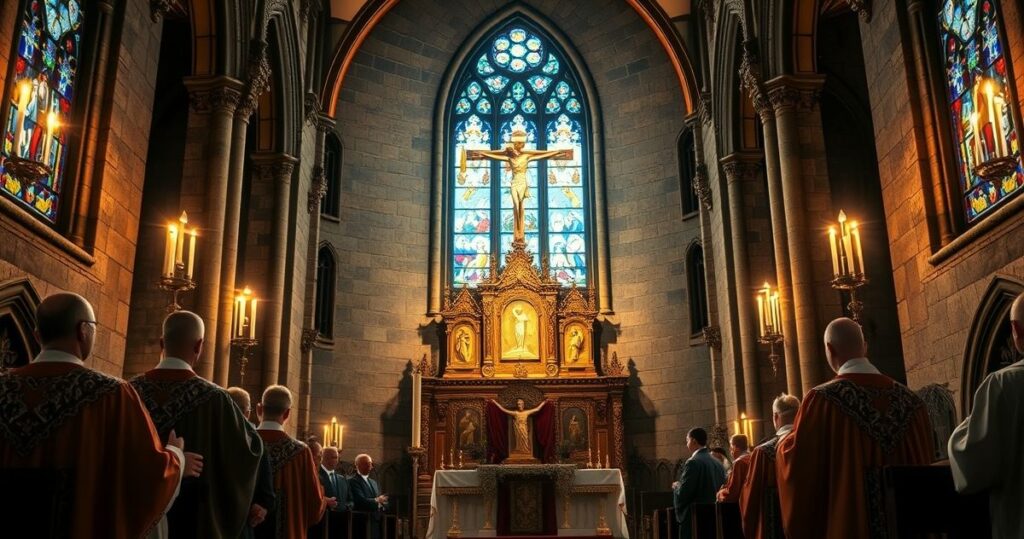Obraz ukazujący tradycyjną katolicką świątynię z kapłanami i krucyfiksem, podkreślający autorytet Chrystusa Króla w kontekście krytyki modernistycznych tendencji.