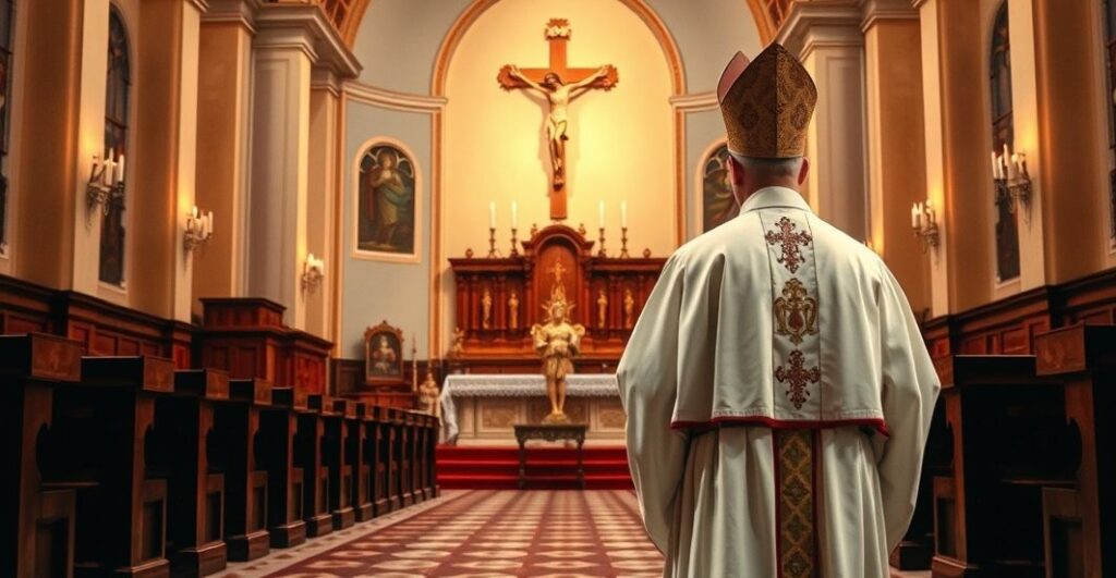 Sanktuarium katolickie z kapłanem w liturgicznych szatach, symbolizujące autorytet Kościoła i duchowe panowanie Chrystusa, w kontekście krytyki politycznych rozgrywek i fałszywych gwarancji bezpieczeństwa