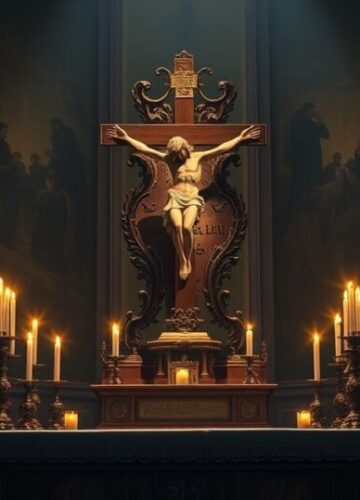 Tradycyjny katolicki obraz ukazujący Chrystusa Króla w obliczu współczesnych sporów Tradycyjny katolicki obraz z ołtarzem, krzyżem i kapłanami, symbolizujący władzę Chrystusa i duchową opiekę w obliczu współczesnych konfliktów międzynarodowych