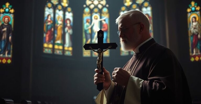 Ksiądz katolicki w liturgicznym kościele, trzymający krucyfiks, wyraz powagi i krytyki nowoczesnych tendencji w Kościele