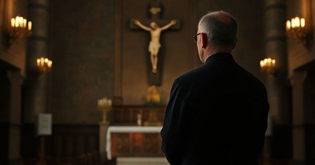 Ksiądz katolicki w sutannie w głębokiej refleksji w kościele, symbolizujący duchową powagę i krytykę braku uznania panowania Chrystusa nad narodami