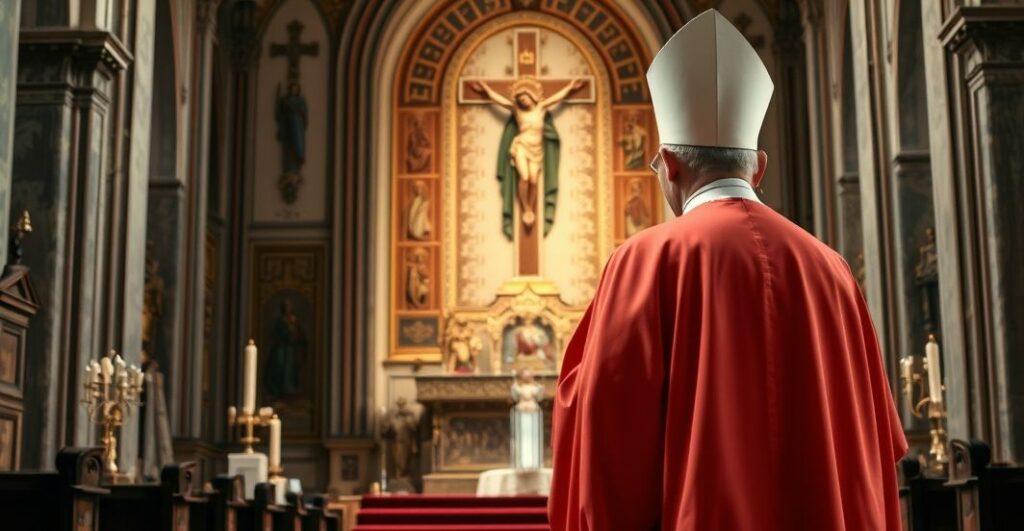 Ksiądz w tradycyjnym stroju katolickim w sanktuarium, wyrażający troskę nad kryzysem duchowym i finansowym Kościoła, refleksja nad odchodzeniem od wiary i autorytetu Chrystusa.