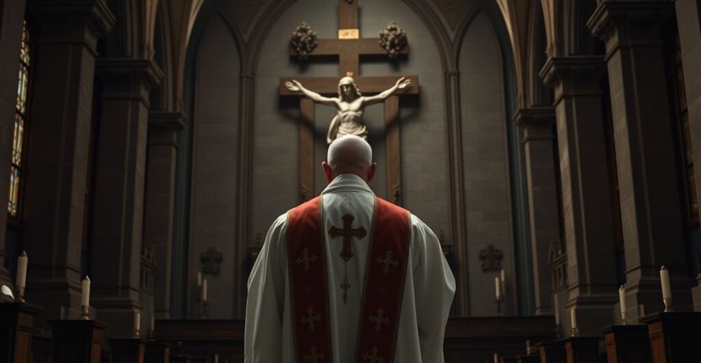 Ksiądz katolicki w liturgicznych szatach przy krucyfiksie, symbolizujący duchową refleksję nad brakiem Chrystusowego panowania w polityce