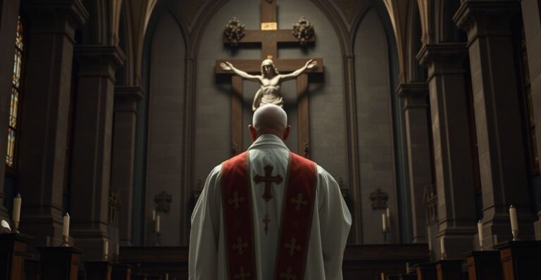 Ksiądz katolicki w liturgicznych szatach przy krucyfiksie, symbolizujący duchową refleksję nad brakiem Chrystusowego panowania w polityce
