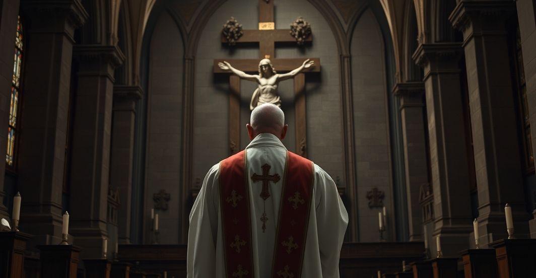 Ksiądz katolicki w liturgicznych szatach przy krucyfiksie, symbolizujący duchową refleksję nad brakiem Chrystusowego panowania w polityce
