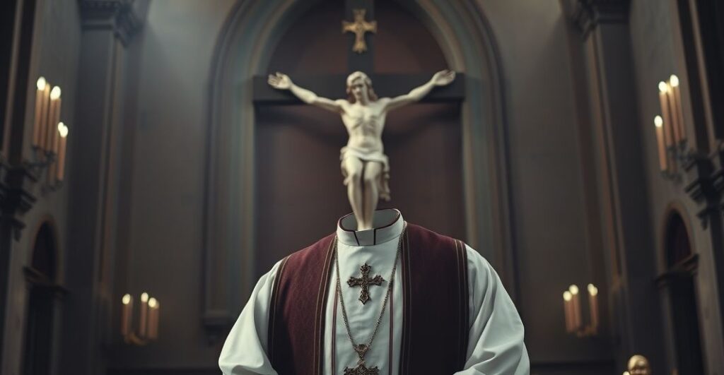 Ksiądz katolicki w tradycyjnym ornacie przed krzyżem, wyraz troski nad duchową pustką, refleksja nad krytyką współczesnego sekularyzmu i utraty wiary w kościele