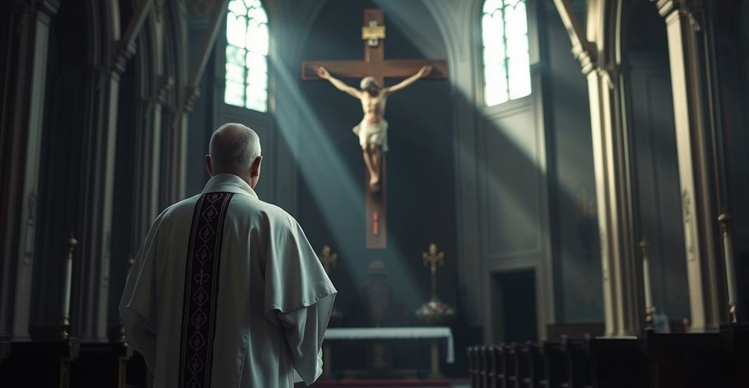 Ksiądz w tradycyjnych szatach przed krzyżem w kościele, symbolizujący katolicką moralność i krytykę sekularyzmu