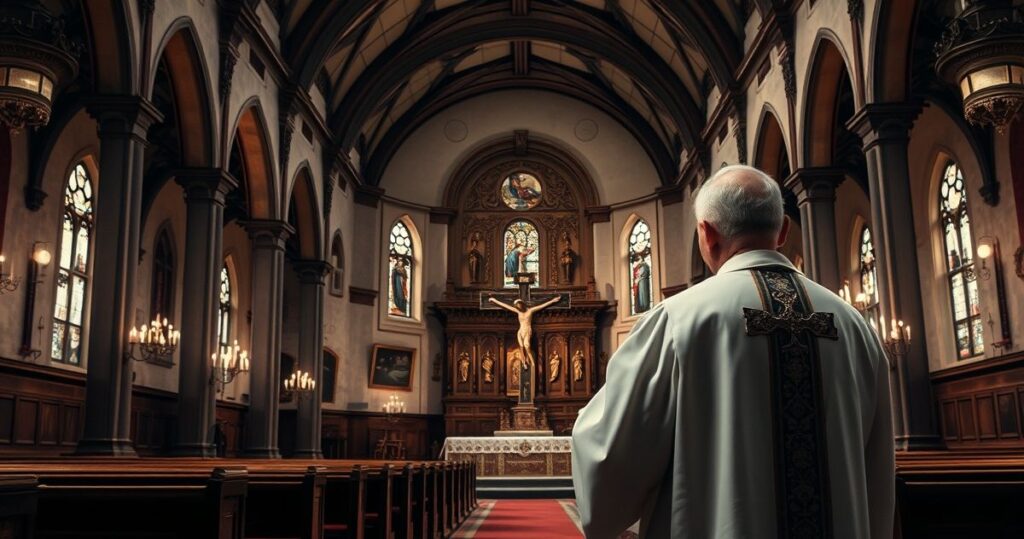 Religijne, realistyczne zdjęcie kapłana w kościele z krucyfiksem, symbolizujące kryzys moralny i duchowy wobec odrzucenia Chrystusa Króla w sprawach międzynarodowych