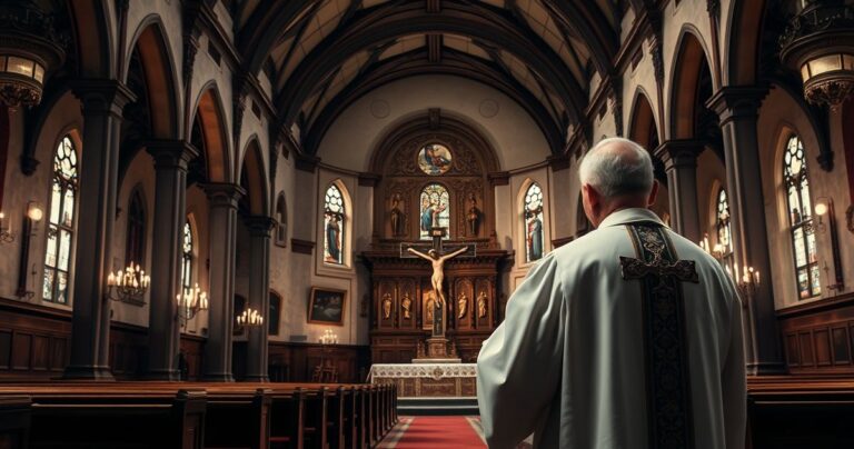 Religijne, realistyczne zdjęcie kapłana w kościele z krucyfiksem, symbolizujące kryzys moralny i duchowy wobec odrzucenia Chrystusa Króla w sprawach międzynarodowych