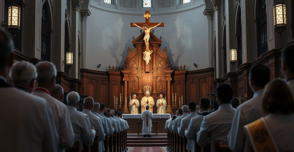 Rewerentny obraz katolickiej liturgii z krzyżem i wiernymi modlącymi się w świątyni