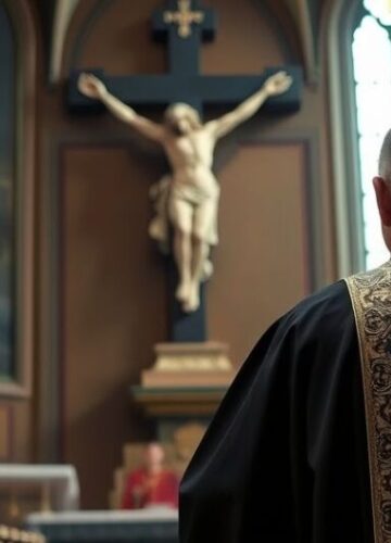 Sakramentalna refleksja nad moralnością życia w Kościele katolickim Ksiądz katolicki w tradycyjnych szatach przy krzyżu, ukazujący powagę i moralne oburzenie wobec aborcji w kościele