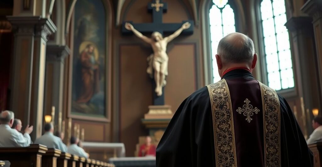 Ksiądz katolicki w tradycyjnych szatach przy krzyżu, ukazujący powagę i moralne oburzenie wobec aborcji w kościele