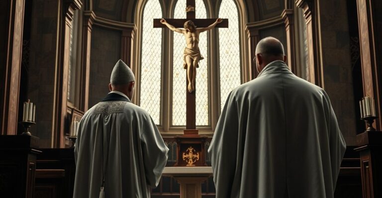 Katolicki ksiądz w głębokim skupieniu przed krucyfiksem w świątyni, symbolizujący opór wobec sekularnego chaosu i braku Chrystusa Króla