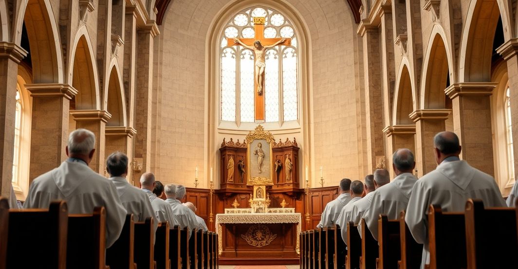 Obraz krytyki modernistycznej deformacji Krzyża w Kościele katolickim Sanktuarium katolickie z krucyfiksem i kapłanami w tradycyjnych szatach, ukazujące głęboką pobożność i wierność naukom Kościoła.