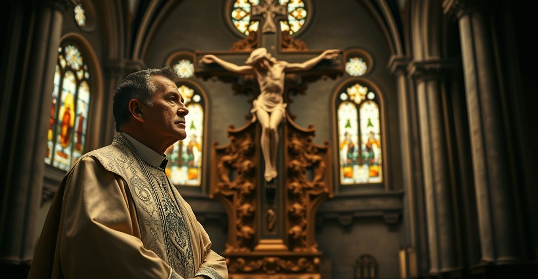 Ksiądz w liturgicznym stroju w kościele, wyraz smutku i refleksji, krytykujący eutanazję i odrzucenie wiary