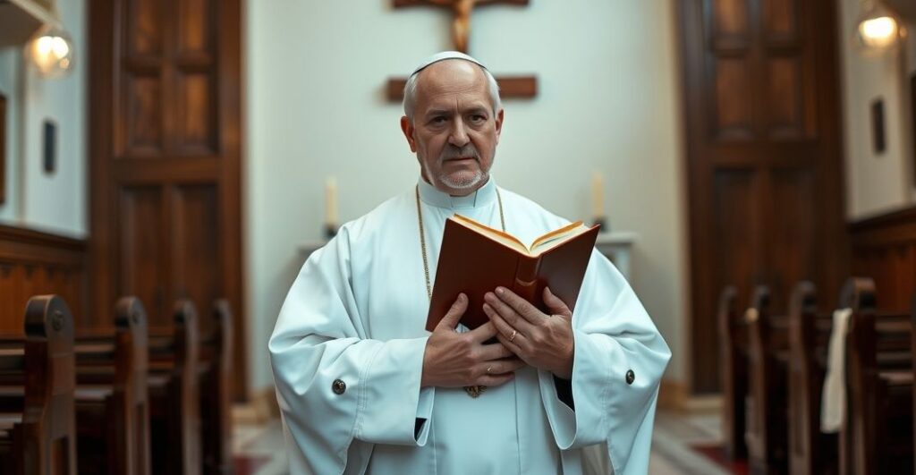 Ksiądz w tradycyjnych szatach w kościele, poważnie, w kontekście krytyki nauki odrzucającej Boży porządek