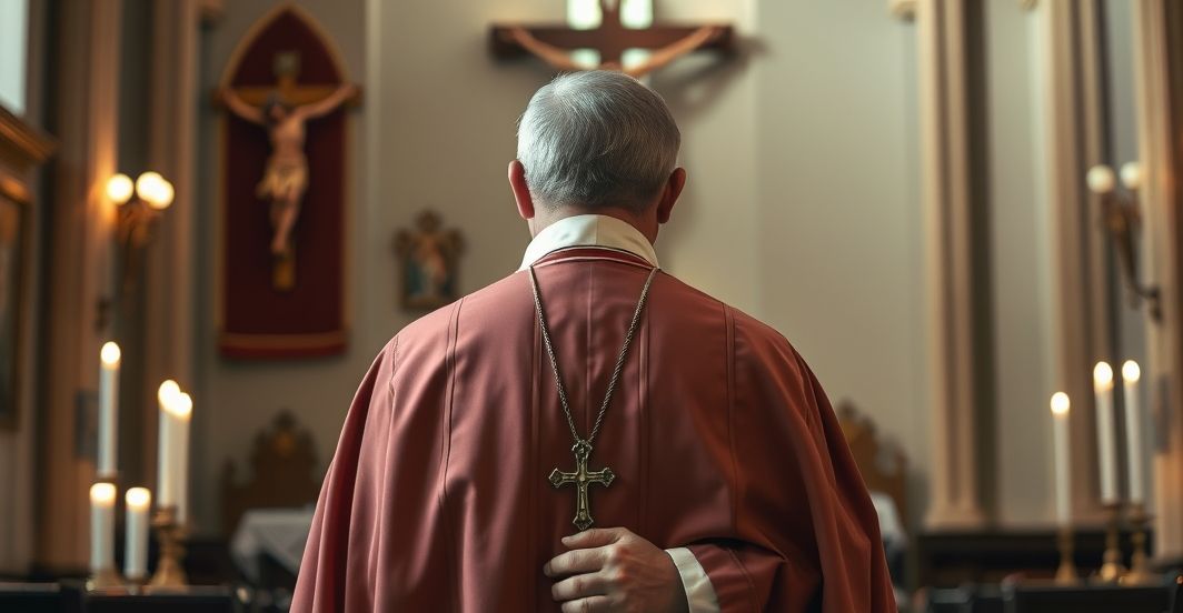 Ksiądz katolicki w liturgicznym stroju w świątyni, symbolizujący prawdziwą moralność i posłuszeństwo Bogu