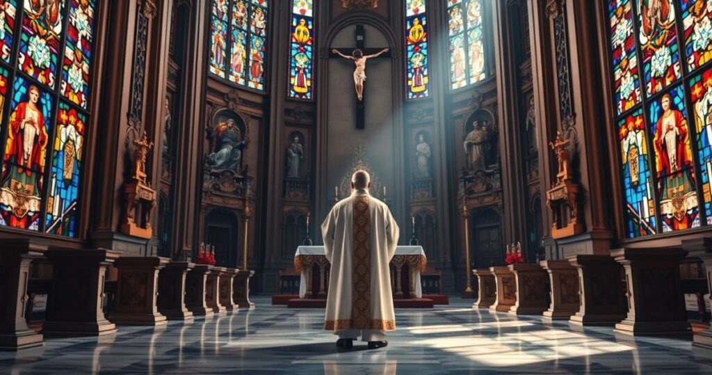 Ksiądz w tradycyjnych szatach w kościele, refleksja nad krytyką kultu człowieka, wyraz duchowej kontemplacji i wierności prawdzie katolickiej