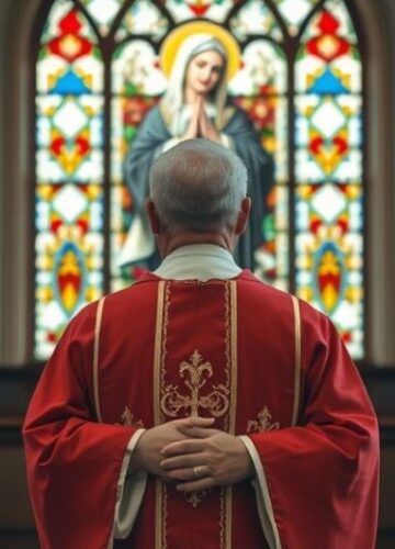 Ksiądz w modlitwie w kościele z witrażem Matki Bożej Królowej Polski Ksiądz katolicki w tradycyjnych szatach w kościele, z witrażem Matki Bożej Królowej Polski, symbolizujący duchową odwagę i wiarę w obliczu współczesnych zagrożeń