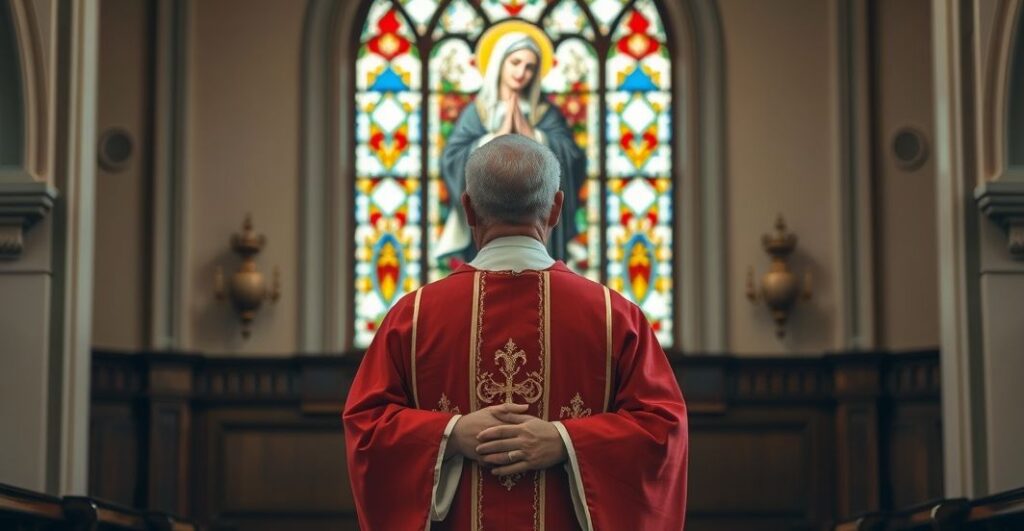 Ksiądz katolicki w tradycyjnych szatach w kościele, z witrażem Matki Bożej Królowej Polski, symbolizujący duchową odwagę i wiarę w obliczu współczesnych zagrożeń