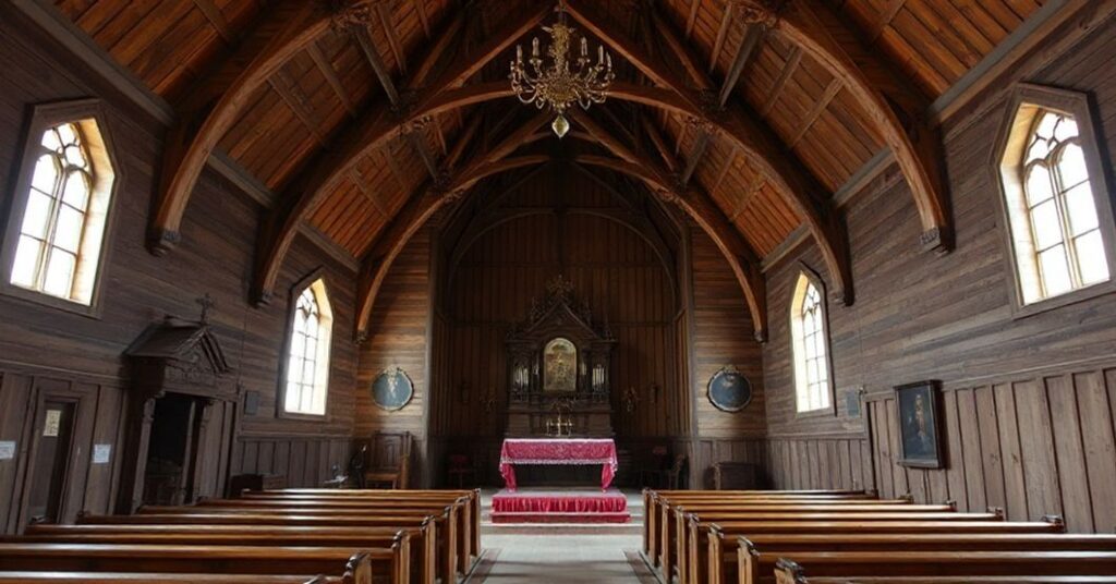 Zdjęcie XVII-wiecznego drewnianego kościoła w Istebnej-Kubalonce po rzekomej renowacji finansowanej przez rządowy program 'Polski Ład'. Zewnętrznie zachowany, wewnątrz jednak widoczna modernistyczna apostazja: protestantyzowana msza i brak tabernakulum.