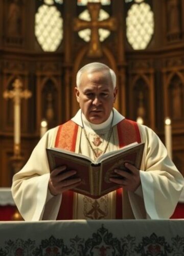 Kardynał lub ksiądz podczas homilii w katolickim kościele, powaga i krytyka modernizmu Kardynał lub ksiądz w liturgicznym stroju podczas kazania w kościele, wyraz powagi i krytyki wobec nowoczesnych tendencji w Kościele