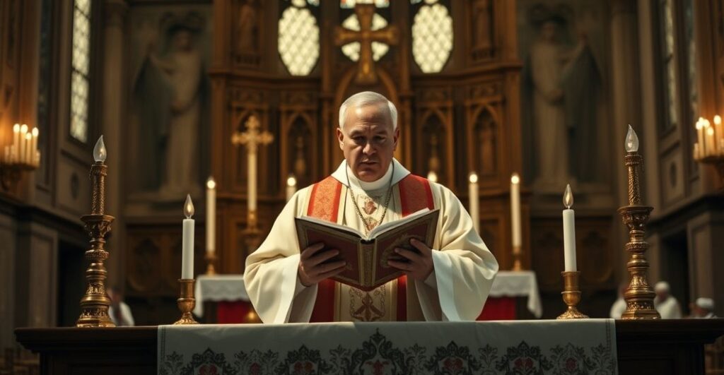Kardynał lub ksiądz w liturgicznym stroju podczas kazania w kościele, wyraz powagi i krytyki wobec nowoczesnych tendencji w Kościele