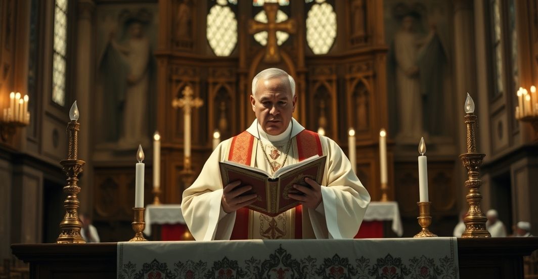 Kardynał lub ksiądz podczas homilii w katolickim kościele, powaga i krytyka modernizmu Kardynał lub ksiądz w liturgicznym stroju podczas kazania w kościele, wyraz powagi i krytyki wobec nowoczesnych tendencji w Kościele